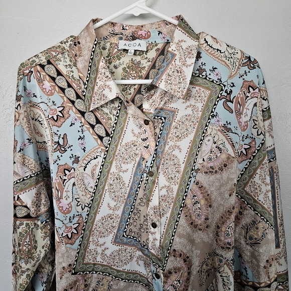 Acoa Women's Large Patchwork Satin Long Sleeve Button Up Blouse Beige Blue Green - Picture 3 of 7